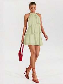 Vestido corto de gasa con hojas de loto en cascada de color rojo sólido, adecuado para citas diarias, salidas nocturnas, discotecas, fiestas, reuniones, fiestas de cóctel, fiestas de piscina, ropa de vuelta al colegio, vestidos de temporada esco - verde menta - Ver 7
