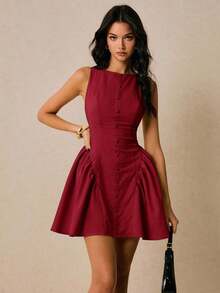 Vestido mini sin mangas con diseño de botones y volantes en el bajo, de unicolor para mujer - Rojo - Ver 8