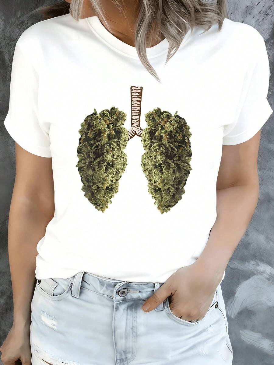 Lungs Formed By Green Branches Symbolizing The Connection Between Nature And Vital Breath; Women's White Casual Modern Comfortable T-Shirt For Everyday Wear - 白色 - 查看 1