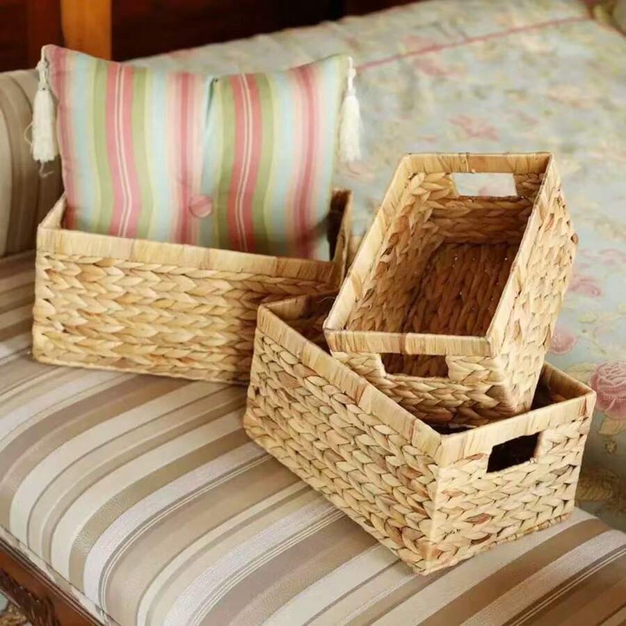 Cesto organizador multiuso grande em rattan trançado (1 unidade), ideal para sala de estar, quarto, organização doméstica, cozinha, dormitório, escritório, cosméticos, como caixa ou cesto de armazenamento. Perfeito para guardar objetos, organizar itens de quarto, armazenar presentes, decorar armários e utensílios de cozinha. - Bege - Ver 1