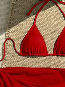 Conjunto de 3 piezas de traje de baño de bikini de unicolor y estilo sexy de halter para mujeres, conjunto de traje de baño, para vacaciones de verano en la playa - Rojo - Ver 4