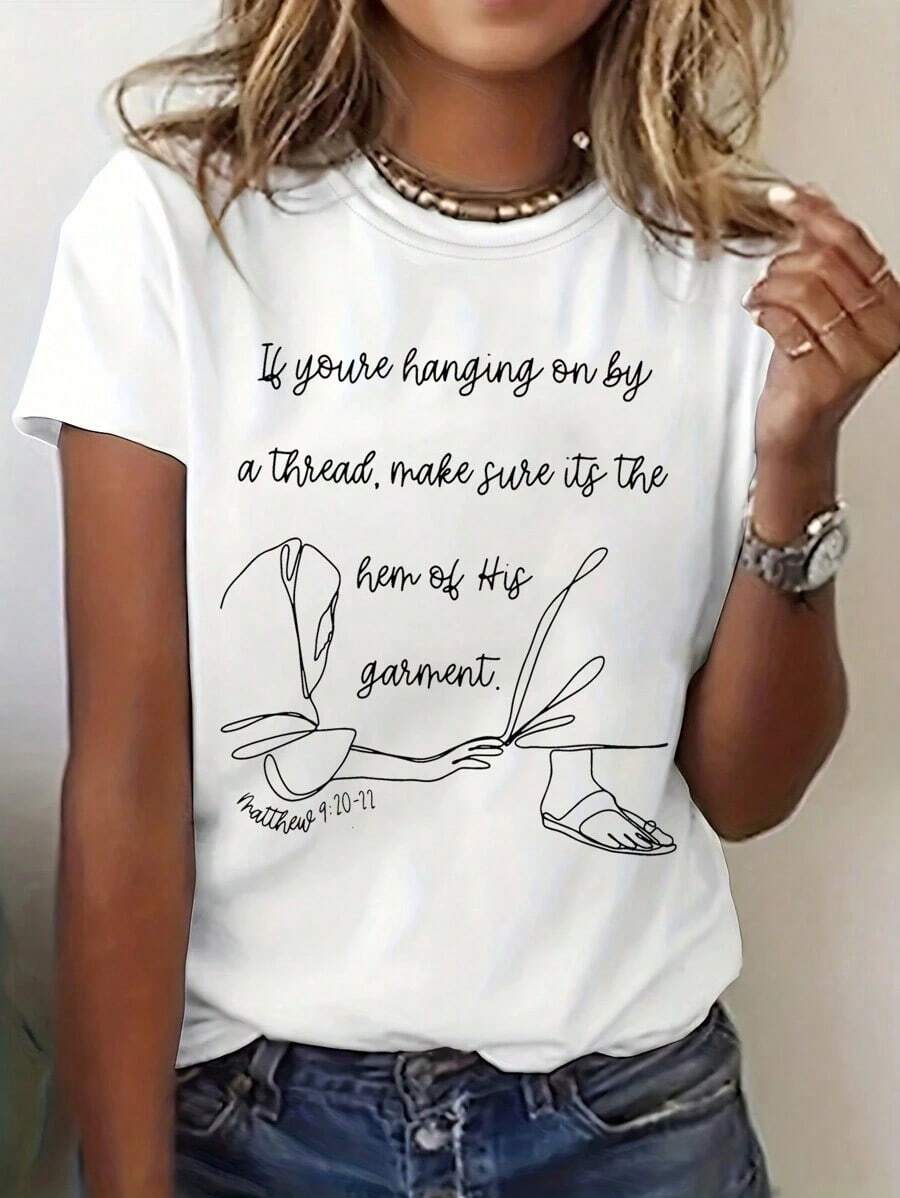 Camiseta de manga corta con estampado gráfico de versículos bíblicos y símbolos de fe cristiana, camisetas gráficas para mujer, tops de verano. - Blanco - Ver 1