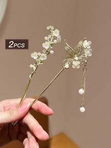 Bộ 2 kẹp tóc tua rua ngọc trai giả kiểu Trung Quốc, phụ kiện tóc hoa và bướm cổ điển, phụ kiện đội đầu Hanfu Trung Quốc thanh lịch, hợp kim chạm khắc tinh xảo, ngọc trai giả tròn trong suốt, tua rua đung đưa, quà tặng tóc được đề xuất, thích hợp cho du lịch, sinh nhật, nối búi tóc, kẹp tạo kiểu tóc, phụ kiện đội đầu. - Nhiều màu - Xem 3