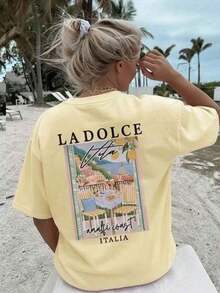 New Women's Summer T-Shirt, Casual, Colorful, With Letter And Oil Painting Print, Round Neck, Short Sleeve, Pink, Versatile And Fashionable, Suitable For Women's Tops, Leisure On Holidays And Spring Break, Black - 黃色 - 查看 1