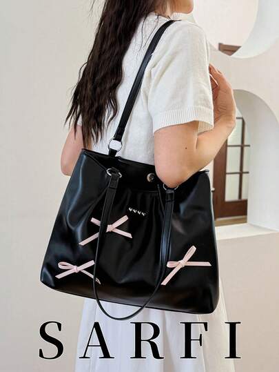 1 Piece Of Solid Color Bow Decoration Pleated Tote Bag, Versatile And Cute, With A Large Capacity Suitable For College Students To Attend Classes, Work, Commute, Travel And Vacation