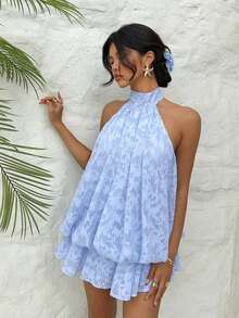 Vestido mini elegante de mujer con cuello halter y lazo en color amarillo claro - Celeste 2 - Ver 8