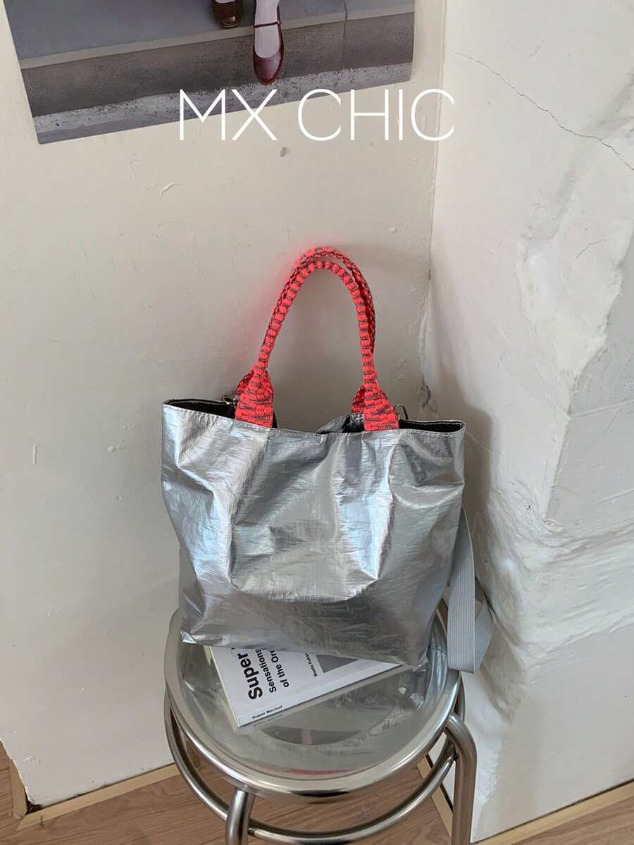 1件女款對比色單肩斜背包,大容量亮片托特手提包,適合購物、通勤、送禮 - 銀色 - 查看 1