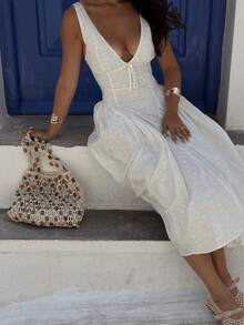 Vestido de verano de estilo francés romántico de Elio Closet para mujer, de color blanco, con bordado calado, escote en V profundo, sin mangas, cintura con lazo, fluido y elegante. Atuendo casual adecuado para salidas de verano, ceremonias de graduación, fiestas, festivales de música country, citas - Blanco - Ver 5