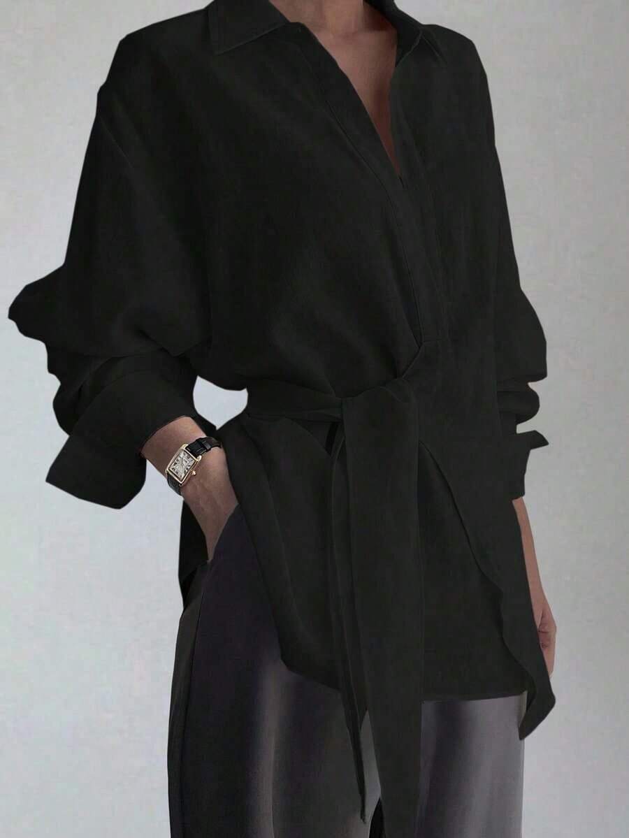Blusa urbana y casual de manga larga con lazo lateral para mujer - Negro - Ver 1