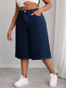 Quần short Bermuda denim màu xanh hải quân dành cho nữ, cạp chun, đường may ôm dáng, kiểu dáng cổ điển, thích hợp cho mùa hè và mùa thu. - Rửa tối - Xem 4