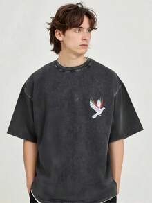 Camiseta unisex vintage de algodón suelto de manga corta y cuello redondo - Negra lavada suave con un sencillo diseño de paloma, adecuada tanto para uso casual como formal, moda unisex, tela cómoda, top de estilo urbano a la moda. - Negro - Ver 8