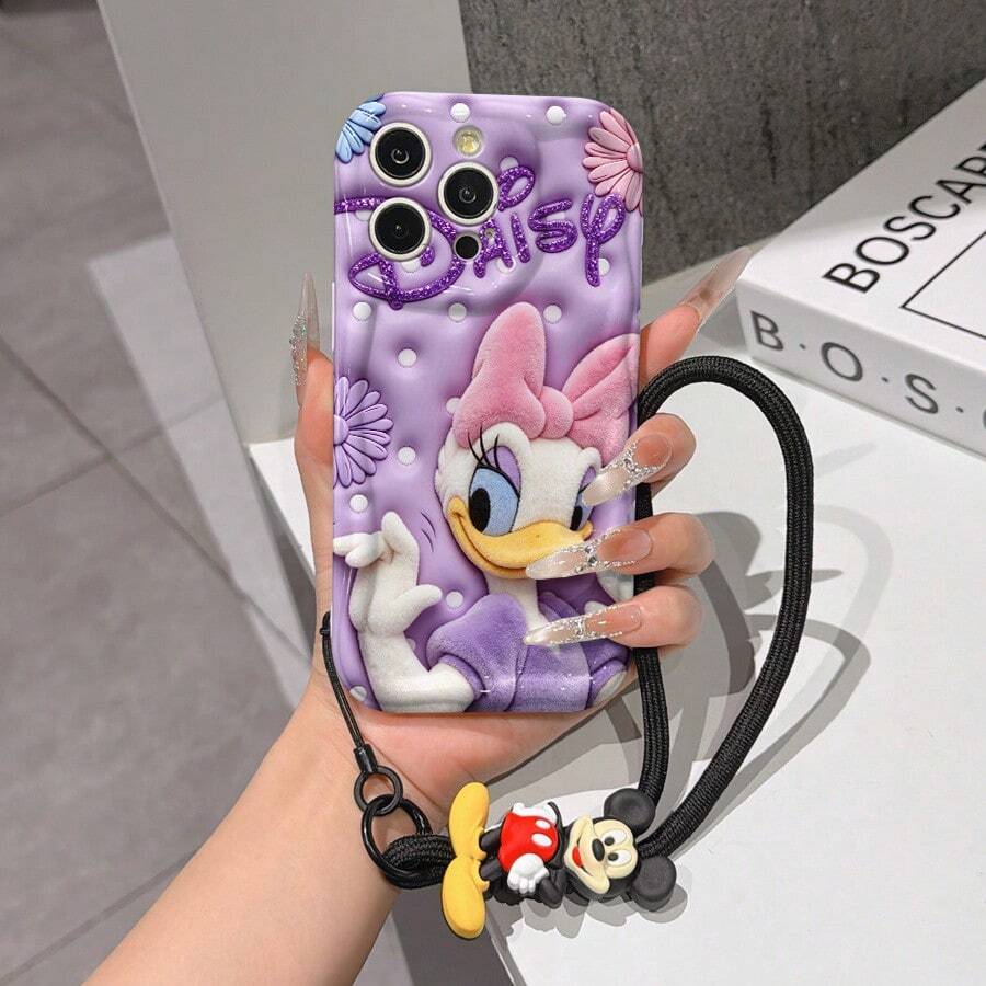 Disney Mickey Mouse Clubhouse Phone Case : 3D Fluffy Pattern Border Protector Phone Soft Phone Case With A Free Cute Mickey Bracelet Chain Lanyard, Mickey, Minnie, Goofy, Donald Duck, Daisy Duck, Pluto, For Apple 17 Promax 17 Pro 16 15 14 13 12 11 Pro Max XS Max X XR Soft Cover Summer Phone Case - trắng - Xem 1