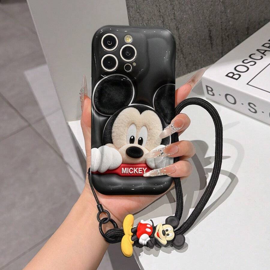 Disney Mickey Mouse Clubhouse Phone Case : 3D Fluffy Pattern Border Protector Phone Soft Phone Case With A Free Cute Mickey Bracelet Chain Lanyard, Mickey, Minnie, Goofy, Donald Duck, Daisy Duck, Pluto, For Apple 17 Promax 17 Pro 16 15 14 13 12 11 Pro Max XS Max X XR Soft Cover Summer Phone Case - White - View 1
