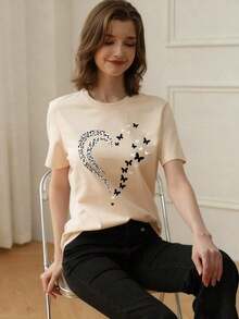 Camiseta de mujer de verano de estilo casual con estampado de eslogan simple, de corte holgado y cuello redondo, de manga corta. Top de uso diario y vacacional de moda.,Playera Gráfica Oversized Mujer Verano Casual - Albaricoque - Ver 2