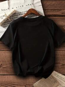 Camiseta de manga corta de alta elasticidad para mujer con estampado de letras en inglés - Blusa casual de cuello redondo, letras blancas y negras, ajuste para todas las estaciones, lavable a máquina, ideal para uso diario y salidas (ejemplo de letra '' mostrada) - Camiseta versátil estilo Y2k. - Blanco - Ver 2