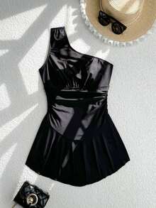 SVES Vaytide Traje de baño de una pieza elegante para mujer de unicolor con un hombro, tela brillante y volante en la cintura - Negro - Ver 6