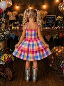Girls' Dress For June Festival, Plaid, Country Style, Rodeo, Square Dance, School, Flared, Elastic, Adjustable Straps, Northeast, São João Festivities, Costume, Adjustable, Layered Skirt, Charming Ruffle, Themed Country Style Outfit, Modern, Lightweight, Comfortable, Timeless, Classic Style, Traditional Print, Sophisticated, Versatile, Elegant - Kẹo bông - Xem 4