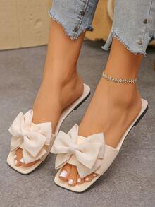 Mẫu mới năm 2026: Sandal xỏ ngón cổ điển có nơ, kiểu dáng thời trang, đa năng, đế bằng, một quai, thích hợp cho mùa xuân/hè. - Màu be - Xem 7