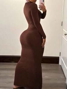 Vestido de mujer de manga corta ajustado de unicolor para uso diario en verano - Café 2 - Ver 2