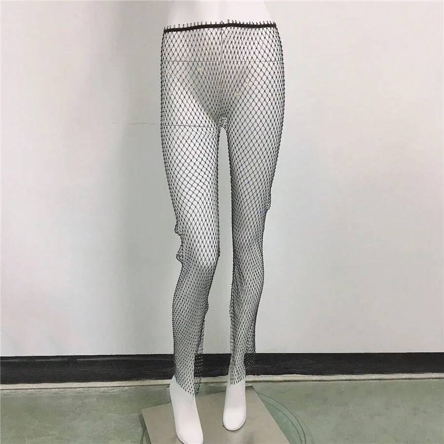 Ropa de calle Sexy y2k, pantalones de rejilla con diamantes de imitación, ropa de mujer transparente, pantalones de fiesta para club, ropa vintage, pantalones de pierna ancha - Negro - Ver 1