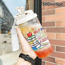 1/5pcs 500ml Plastic Teacher-Themed Cup With Straw, Strap And Leak-Proof Lid, Featuring "Help Kids Grow" Text, Book Stack And Apple Graphics, Transparent Iced Coffee Cup, Ideal For Daily Use, Great Teacher's Day Gift For Educators - Multicolored - Piled-up Books - View 15