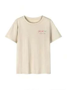 Camiseta de manga corta azul claro para mujer, estilo casual de verano, con estampado de letras, animales marinos, tortugas, conchas y flores, corte holgado, cuello redondo, a la moda para uso diario y vacaciones, color blanco. - Albaricoque - Ver 3