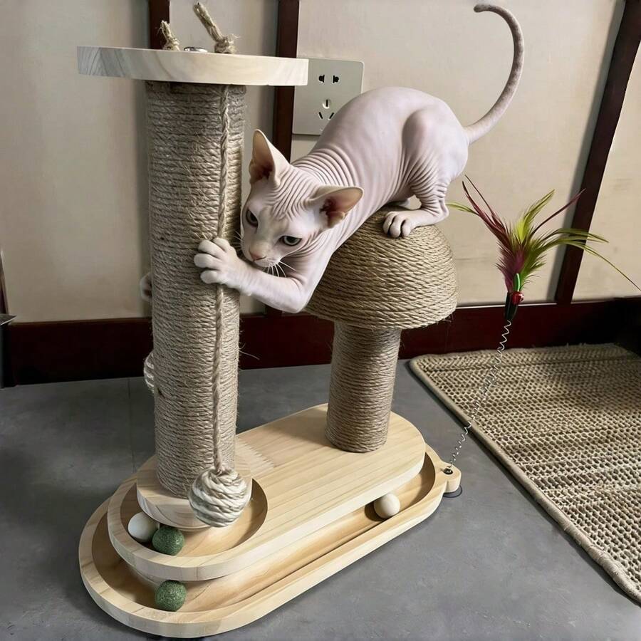 1件装豪华实木双面猫抓柱，剑麻绳抓板，耐用不掉毛剑麻抓柱，逗猫棒，猫玩具球，猫跳台 - 38.5*23*15 - 查看 1