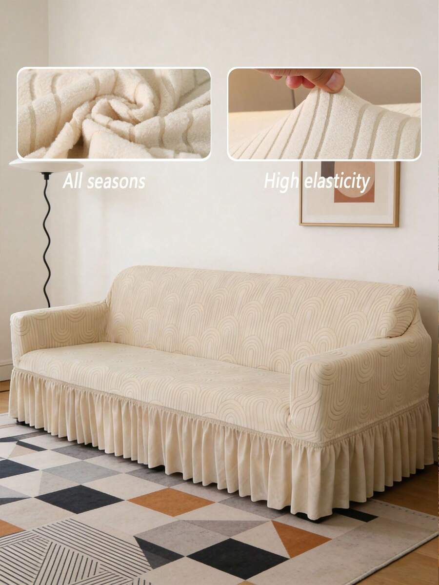 Beige Jacquard Velvet Sofa Covers 3 Seater With Elastic All Inclusive Skirt Edge, Simple And Modern Polyester Fiber Suitable For Living Room And Household Use - Beige - View 1