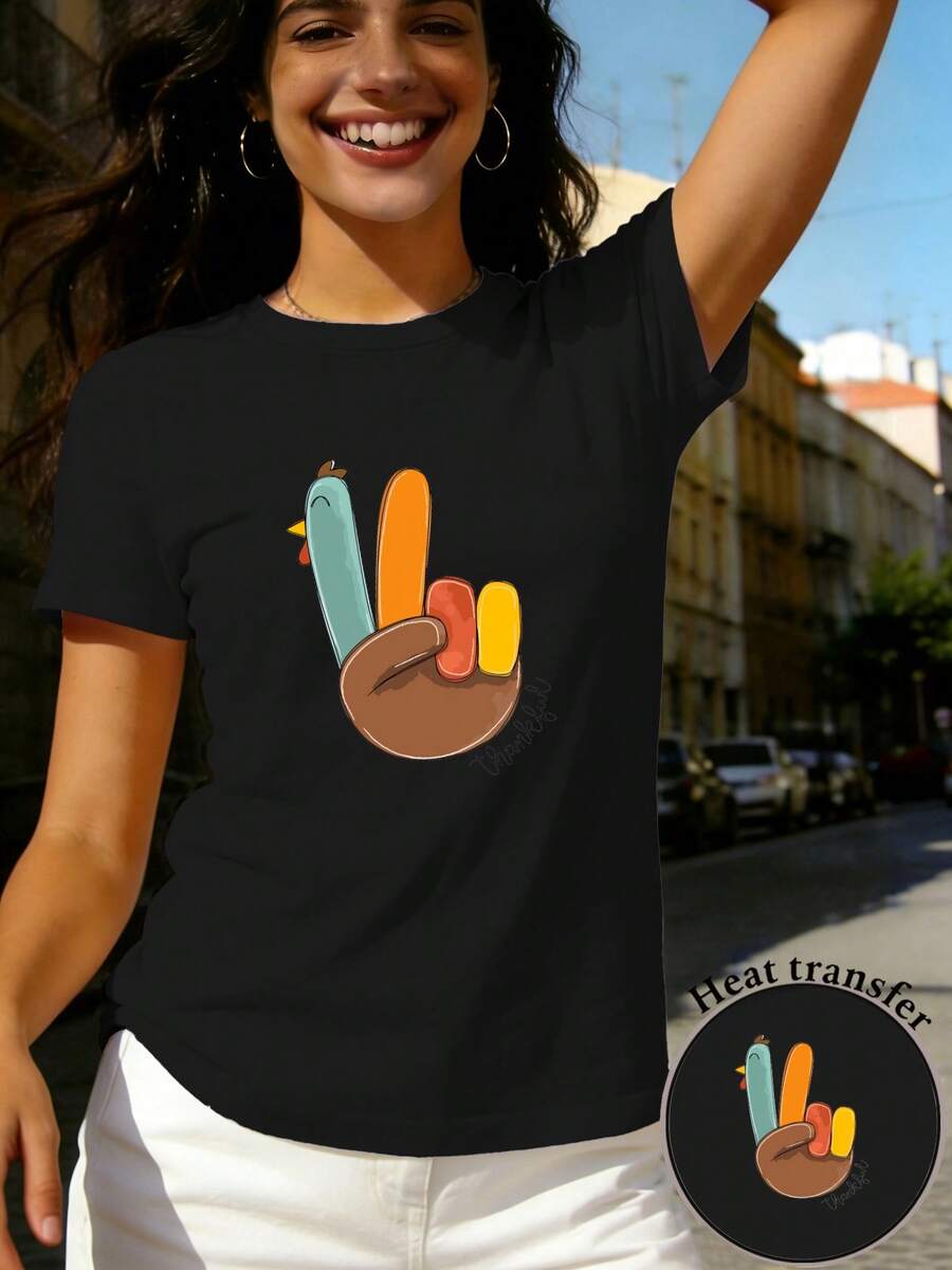 Women's Pure Cotton T-Shirt With Print - 2D Geometric Turkey Heart Design, Bright Colors And Full Of Fun, Casual Short Sleeve Round Neck Top Suitable For All Seasons, Available In Various Colors And Sizes, Holiday Fashion, Retro Aesthetic, Breathable Material, Fun Prints. - 黑色 - 查看 1