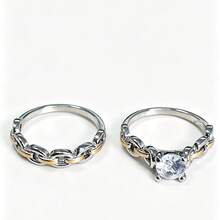 Set de 2 anillos cruzados bicolor unisex, anillos de cadena de mujer con cristales de moda versátil y de alta calidad, anillos de boda/compromiso de mujer de dos tonos, elegantes, para festivales - Plateado - Ver 9