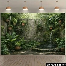 2D Flat Stone Wall Bamboo Forest Waterfall Backdrop, Ivy Green Plants Ceramic Pot Moss Rocks Aquatic Scene, Natural Mori Style, High Definition Printing, Polyester Material, No Power Required, Suitable For Indoor And Outdoor Use - 27 - View 2
