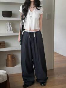 纯色鱼骨纹拼接休闲宽松直筒裤，轻盈舒适版型运动裤 - 灰色 - 查看 8