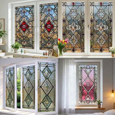 1/4 Stücke farbenfroher Blumenmuster Glasfolie, retro statische Haftung Sichtschutzfolie, abnehmbare dekorative Folie für Zuhause, Wohnzimmer, Badezimmer, Büro