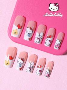 SANRIO 24片Hello Kitty中号方形3D白色法式美甲贴纸，饰有Hello Kitty和蝴蝶结图案，粉色少女风，完美适配亚克力美甲套装，包含1瓶胶水和1个指甲锉，适合女孩日常生活和派对使用。 - 彩色 - 查看 2
