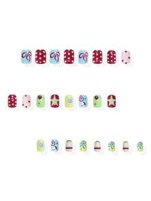 Dê um toque especial ao seu visual com este kit de 24 unhas postiças curtas, quadradas e brilhantes, com cobertura total. Com estampas coloridas de pentagrama, ondas, listras e strass 3D, este design é simples, delicado e romântico, perfeito para o dia a dia. Ideal para o dia a dia. - Multicolorido - Ver 5