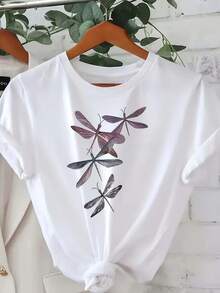 Women's T-Shirt With Bamboo Dragonfly Print - Comfortable And Casual, Short-Sleeved With A Round Neck, Ideal For Everyday Wear And Easy To Style, A Spring And Autumn Essential, Machine Washable, Women's Clothing - 白色 - 查看 1