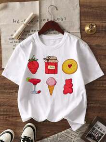 Camiseta Casual con Estampado de Mermelada de Fresa y Dulces para Mujer, Estilo Vintage, Oversize, Manga Corta, Cuello Redondo, Estética Y2K, Estilo Streetwear, Color Pastel, Ligera, Transpirable y Cómoda para Uso Diario, Ideal para Festivales de Música, Picnics, Salidas a la Playa, Fin de Semana Casual, Regalo para Amantes de la Fresa y Fanáticos de la Estética Y2K. - Blanco - Ver 6
