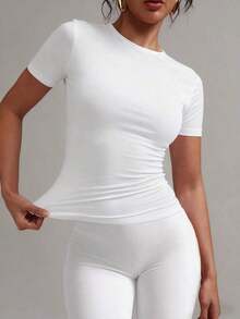 Camiseta básica de manga corta, cuello redondo, unicolor, ajustada y casual para mujer, verano, modelo 2025 - Blanco - Ver 8