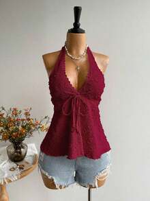 Conjunto de Playa Casual sin Espalda para Mujer, Estilo Bohemio, para Vacaciones, Festival de Música Hawaiana, Vacaciones Tropicales, Top Halter de Verano - Burdeos - Ver 5