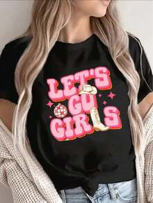 This 100% Cotton Short-Sleeved T-Shirt Features A 'Let's Go' Print, Perfect For Casual Outings, Parties, Dinners, Or Relaxing At Home. Designed To Be Lightweight And Durable, This Unisex, Vintage Streetwear-Inspired T-Shirt With A Short Sleeve, Crew Neck, And Relaxed Fit Is Made From Cotton And Features A Pink And White Print. - 黑色 - 查看 12