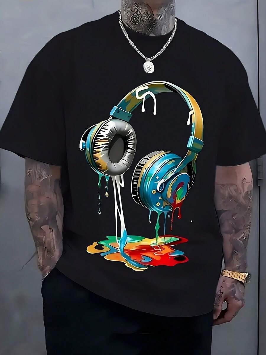 Men'S Casual Streetwear T-Shirt Featuring A Lively Design Of Headphones And Paint Splatters, Made From Breathable Polyester Fabric, Designed For A Relaxed Summer Fit, Machine Washable, Perfect For Everyday Wear