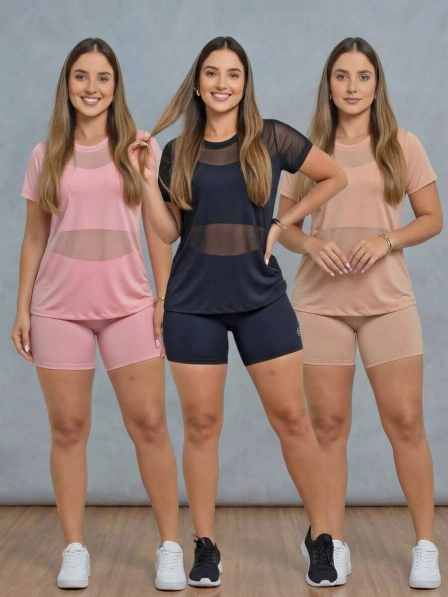 Set Of 3 Women's Tulle Tops For The Gym – Lightweight And Stylish - 3 Transparent Women's Workout Shirts – Comfort And Coolness - Set With 3 Fitness Tulle Tops - 黑粉裸色 - 查看 1