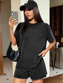 Conjunto de verano para talla pequeña, versátil camiseta de manga corta con estilo retro, diseño casual y cómodo, apto para uso diario en color negro - Negro - Ver 6