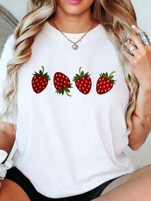 Plus Size Women's Strawberry Print Short Sleeve T-Shirt - Cute Fruit Round Neck Blouse, Casual Spring Summer Casual Attire, Machine Washable Strawberry Top For Women, Plus Size Women Clothes, Graphic Tees Women, Summer Outfits For Women, Festival Outfits, Vacation Outfits Women, Travel Essentials For Women - 1 - 查看 3
