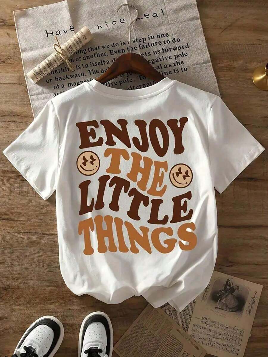 Envío gratis, entrega local enéxico, entrega en 4 días.Camiseta con estampado de letras, blusa casual de manga corta y cuello redondo para verano y primavera, ropa de mujer. - Blanco - Ver 1