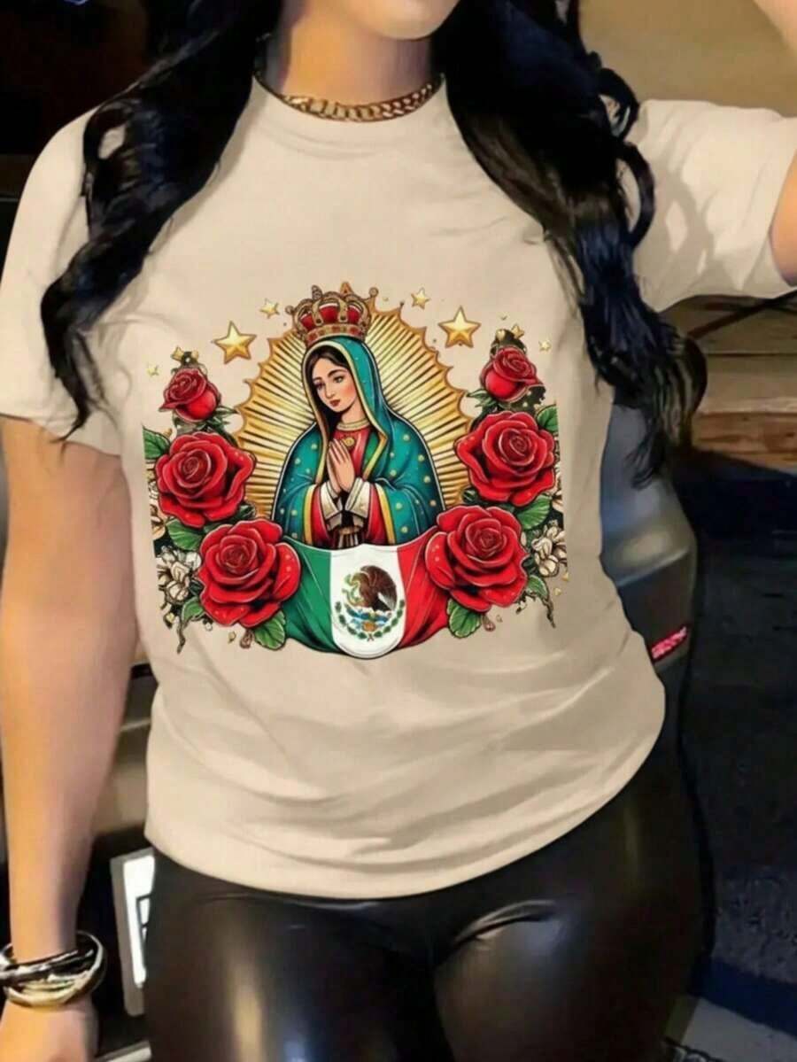 Women's Graphic T-Shirt, Short Sleeve, Round Neck, Basic, Comfortable, Cool, Lightweight, Mexican Print, Virgin Of Guadalupe, Roses, Flag, Vintage Oversized Graphic T-Shirt For Women, Cotton - 貝斯 - 查看 1