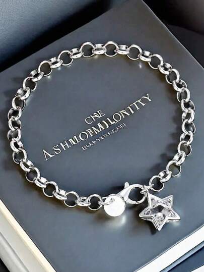 1pc 925 Silver Plated Pentagram Zirconia Crystal Bracelet, Fashionable Minimalist Versatile Gift Jewelry For Women