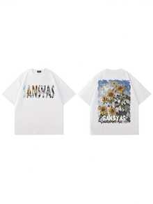 Camiseta de mujer% algodón, camiseta holgada de hombre% algodón con estampado floral, manga corta y cuello redondo, ropa de hombre para verano al aire libre. Ligera, transpirable, éxito de  en verano. - Negro - Ver 9