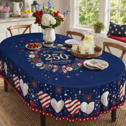 1pc-America 250th Anniversary Tablecloth 1776-2026, Patriotic 4th Of July Table Cover, American Flag Stars Stripes Heart Fireworks Print Waterproof Polyester Table Cloth For Independence Day, BBQ, Picnic, Pool Party, Labor Day, Indoor Outdoor Home Decor