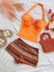 Conjunto Casual de 2 Piezas para Mujer: Top Halter a Rayas y Shorts para Vacaciones - Multicolor - Ver 3